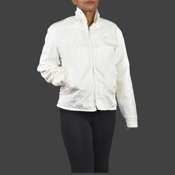 Vintage California White Matte Satin Bomber Jacket Faux Fur 70s Zip Front Small - Picture 8 of 15